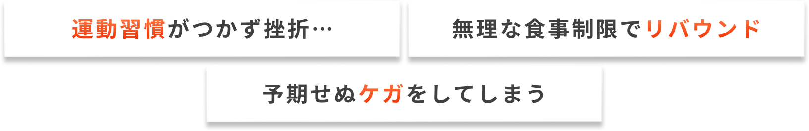 「運動習慣がつかず挫折・・・」「無理な食事制限でリバウンド」「予期せぬケガをしてしまう」