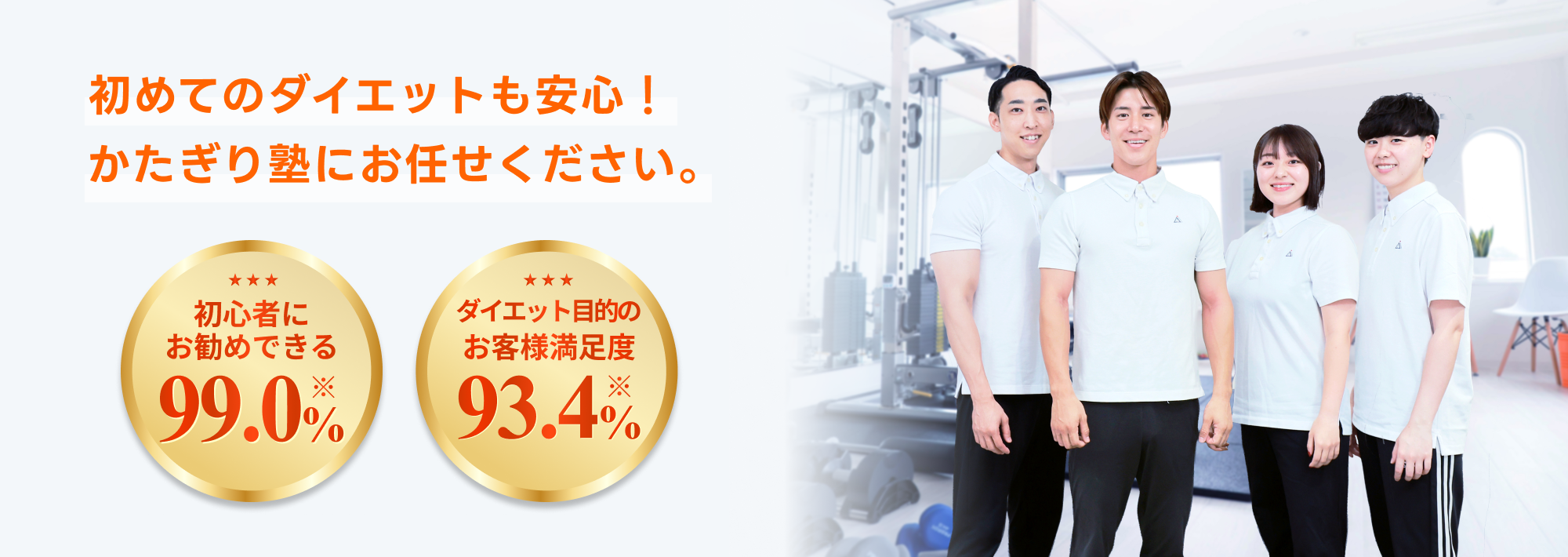 初めてのダイエットも安心!かたぎり塾にお任せください。「初心者にお勧めできる 99.0%」「ダイエット目的のお客様満足度 93.4%」