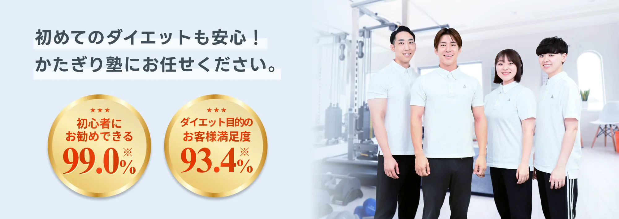 初めてのダイエットも安心！かたぎり塾にお任せください。「初心者にお勧めできる 99.0%」「ダイエット目的のお客様満足度 93.4%」